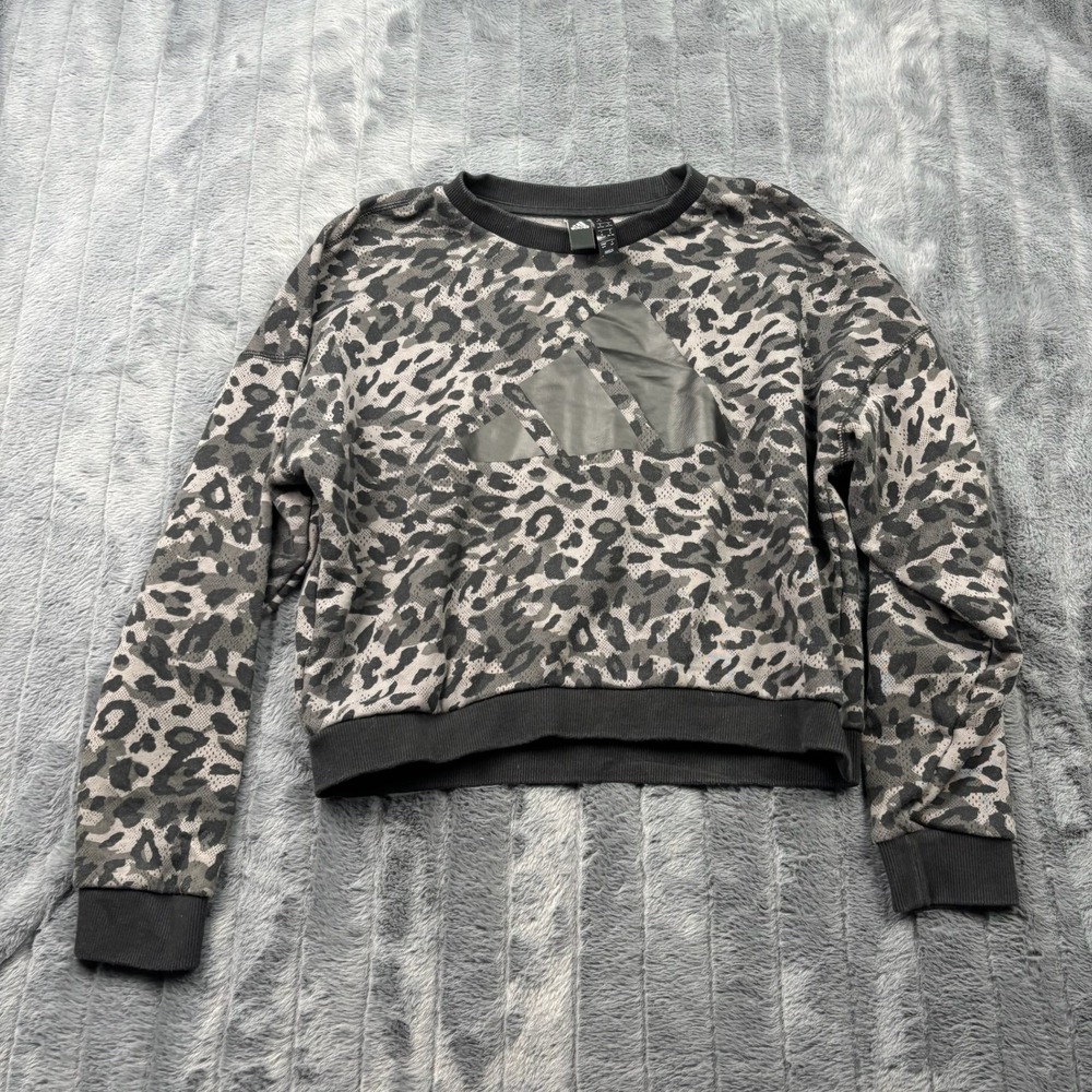 Adidas Womens Leopard Print Cropped Sweatshirt Gray Black Animal Logo Small